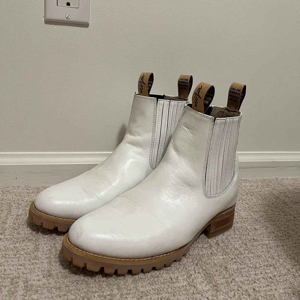White Leather Chelsea Lug Sole Ankle Boots